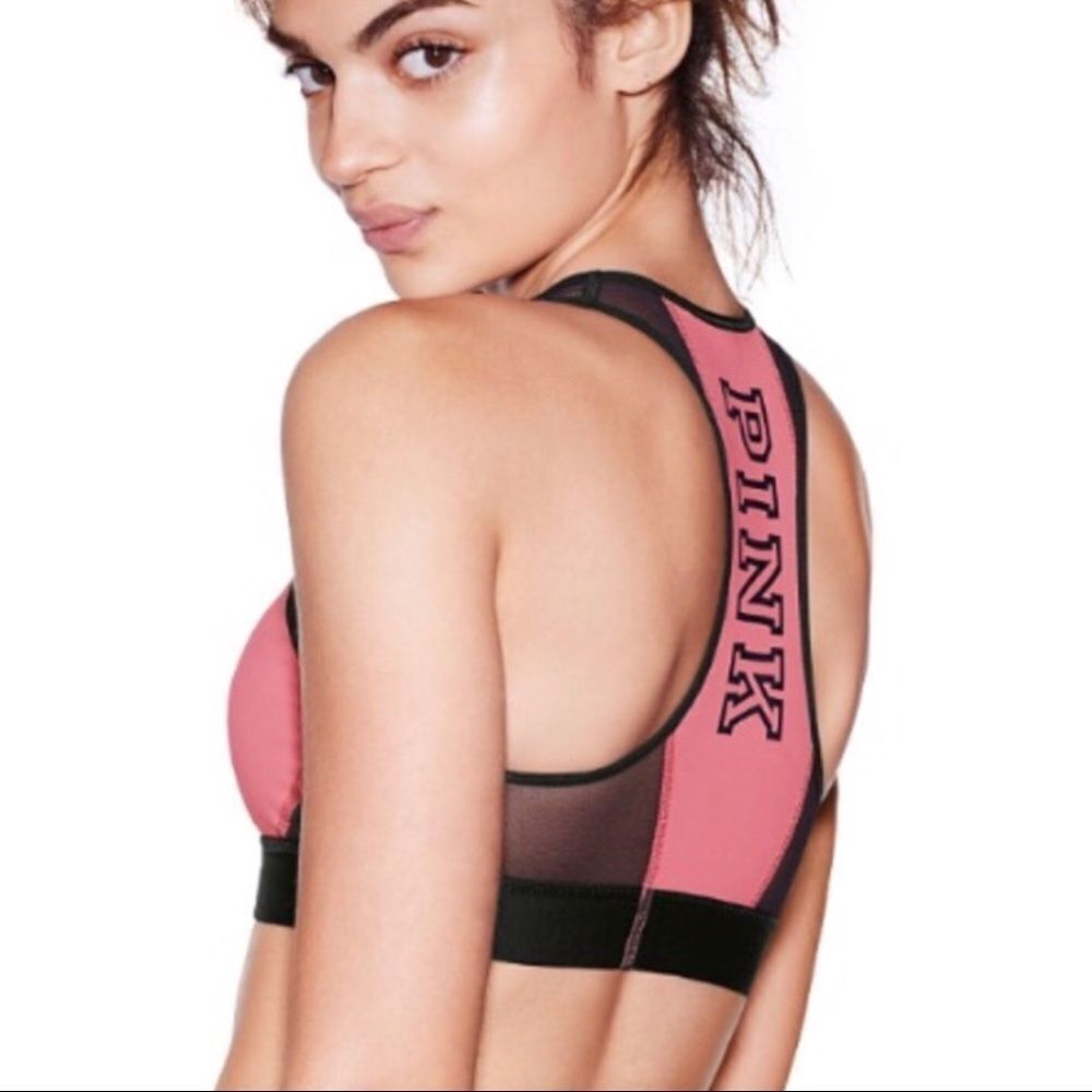 PINK by VS Crop Haut Court Mesh High Neck Racerback Yoga‎ Sports Bra Pink